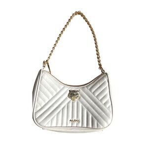 Aldo White Quilted Faux Leather Tiger Head Gold Chain Shoulder Bag Hobo